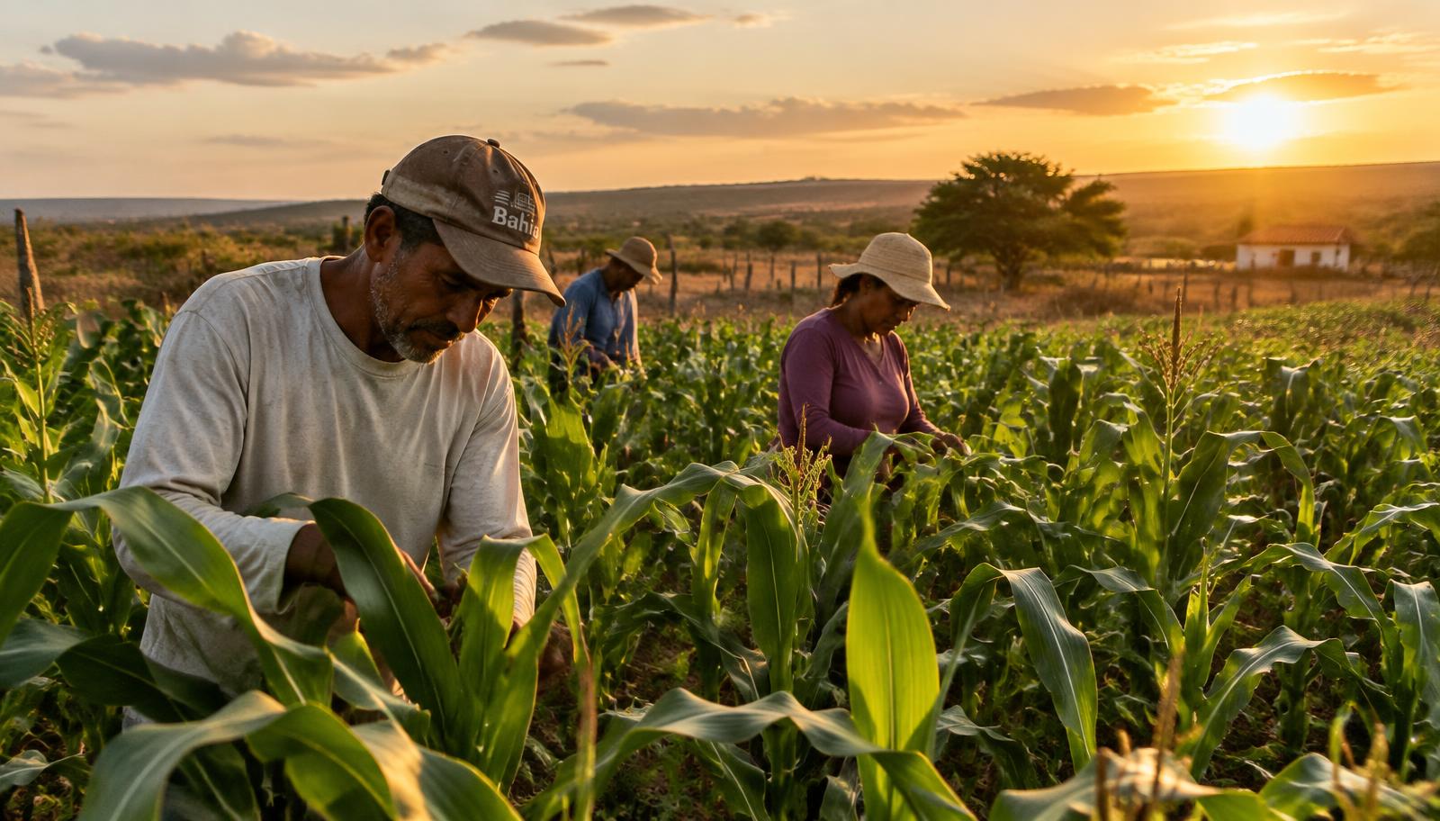 Produtores rurais trabalhando em lavoura de milho